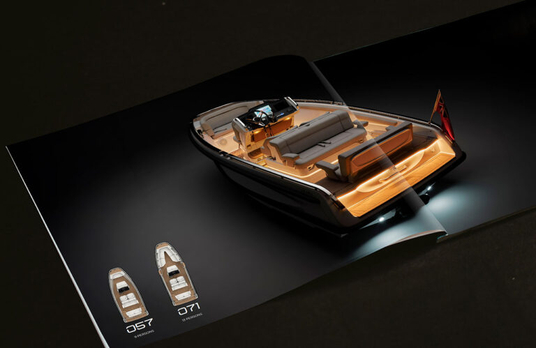 Luxury tender boat featured in a brochure, showcasing elegant seating and design with model numbers 057 and 071